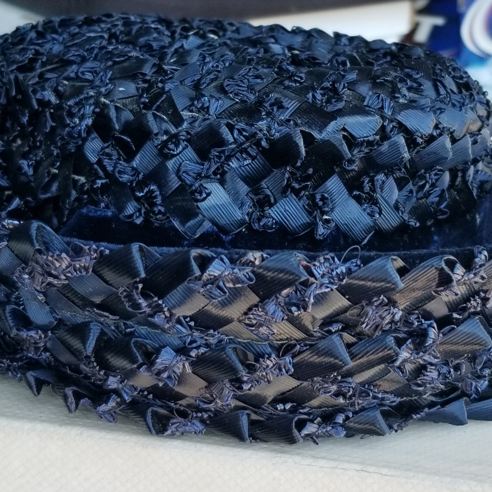 1960 Vintage Navy Blue Ribbon & Raffia Hat
